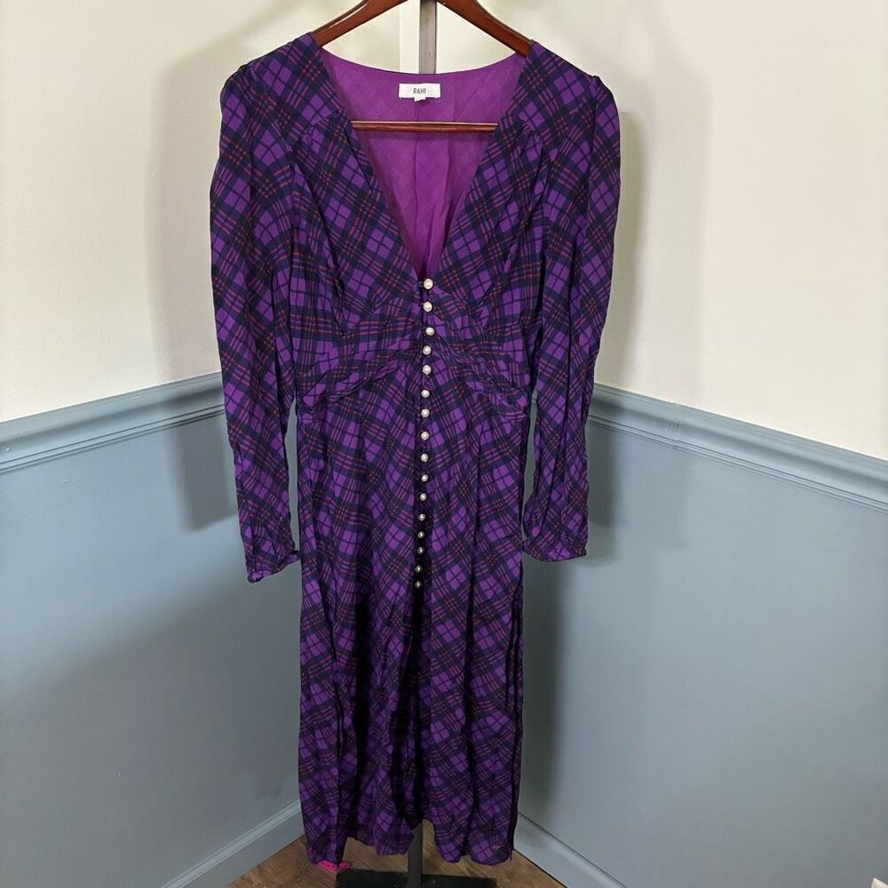 Rahi Long Sleeve V-Neck Plaid Faux Pearl Button Down Dress Large